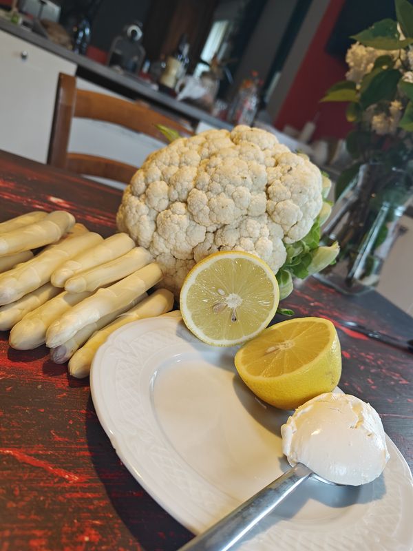 Asperges rôties velouté chou-fleur